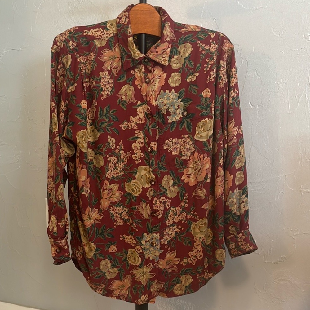 Liz Claiborne Burgundy Floral Button-Down Shirt